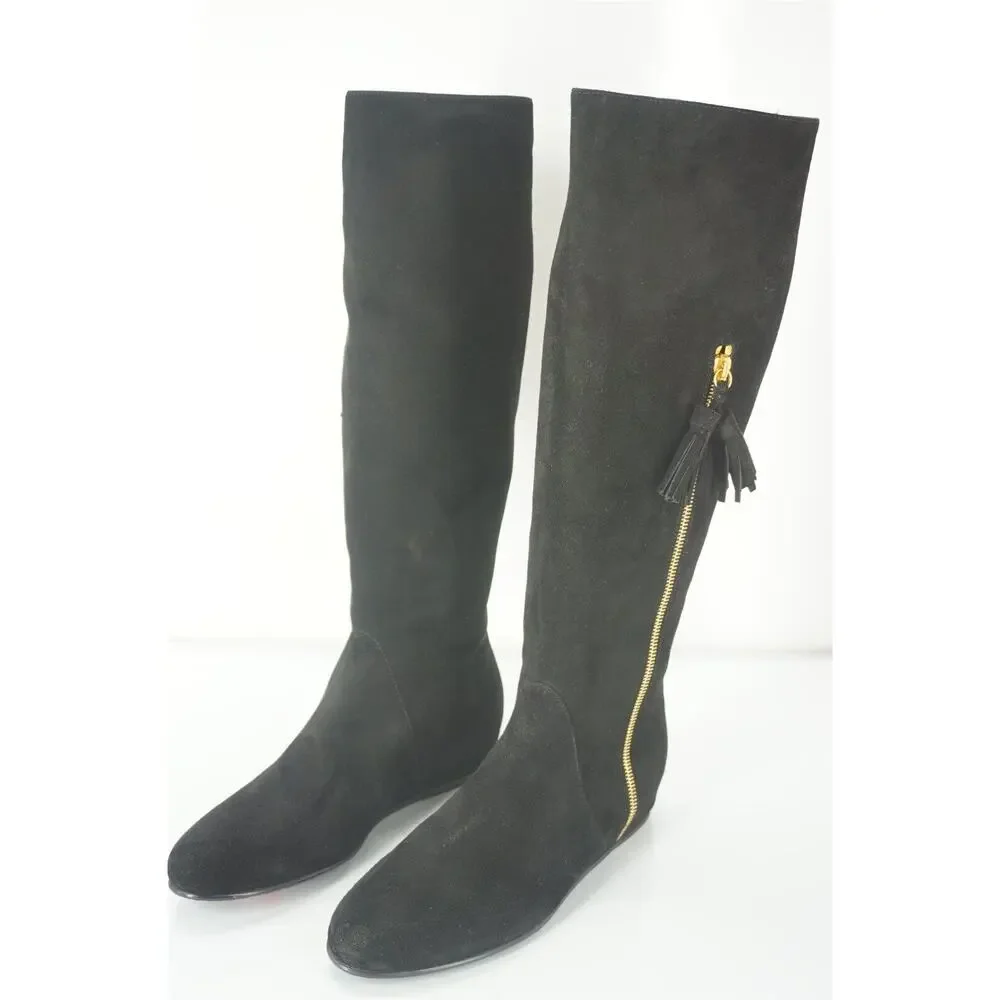 Stuart Weitzman Tass black suede wedge Tall boots size 6.5 New $635 gold zip